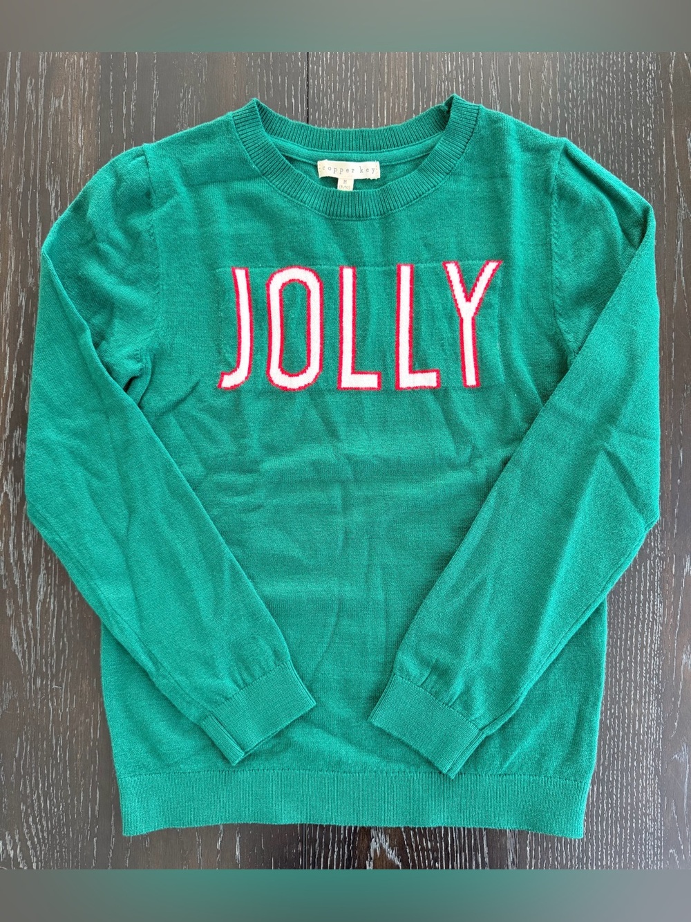 Copper Key Green Knit Sweater with Red & White JOLLY Lettering M (8/10)